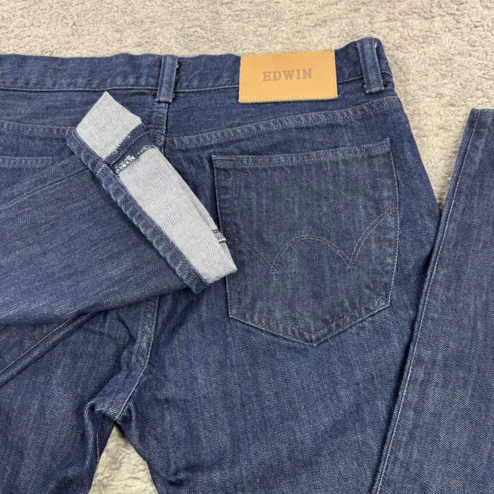 Edwin ED-71 Slim Straight Jeans Mens 34x32 Indigo Blue Cotton Button Fly Denim